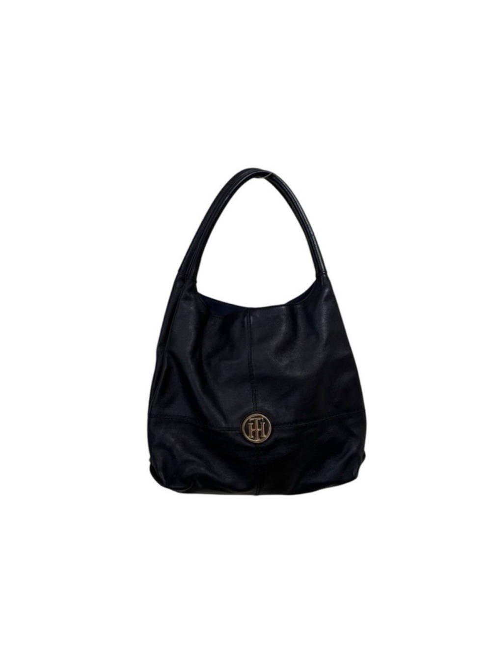 Tommy Hilfiger black leather classic shoulder catch all work tote purse bag